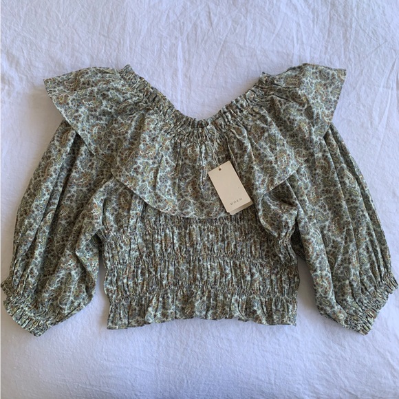 Doen Tops - NWT Doen Luce Cotton Ruffle Off Shoulder Crop Blouse Top Cream Tisbury Paisley